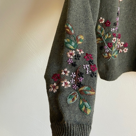 Vintage Tiara Green/Gray Floral Embroidered Cotton/Ramie Cardigan PL - Picture 6 of 14